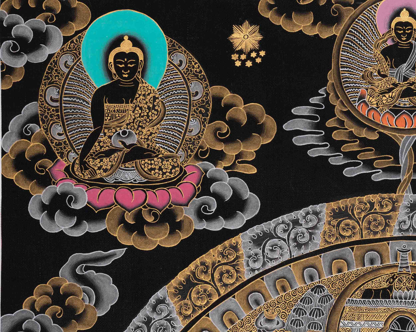 Black Silver and Gold Buddha Mandala | Traditional Tibetan Buddhist Art