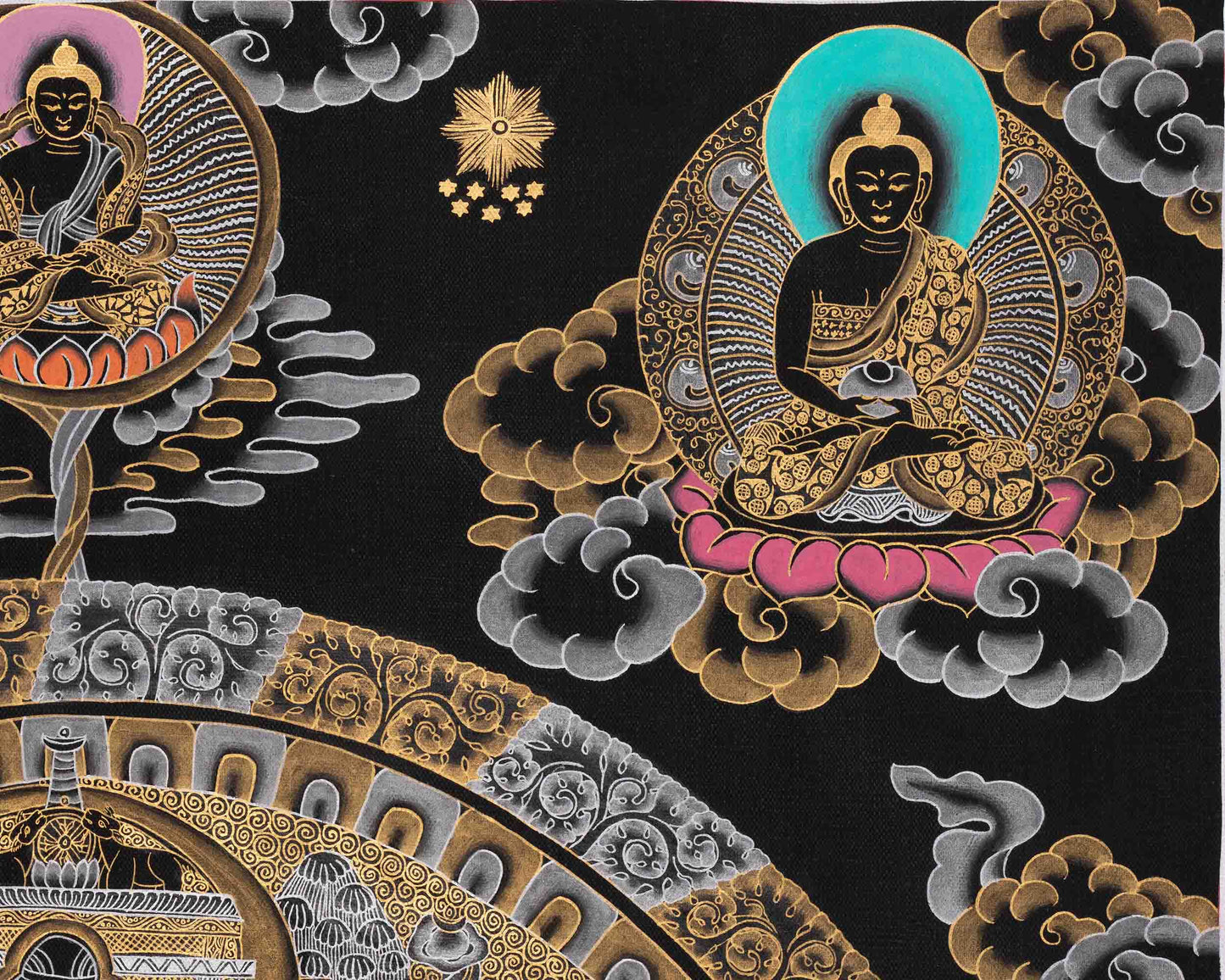 Black Silver and Gold Buddha Mandala | Traditional Tibetan Buddhist Art