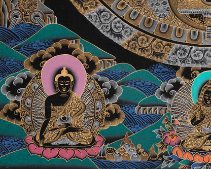 Black Silver and Gold Buddha Mandala | Traditional Tibetan Buddhist Art