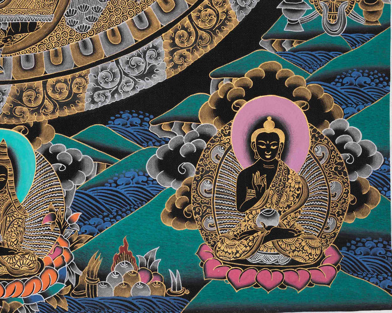 Black Silver and Gold Buddha Mandala | Traditional Tibetan Buddhist Art