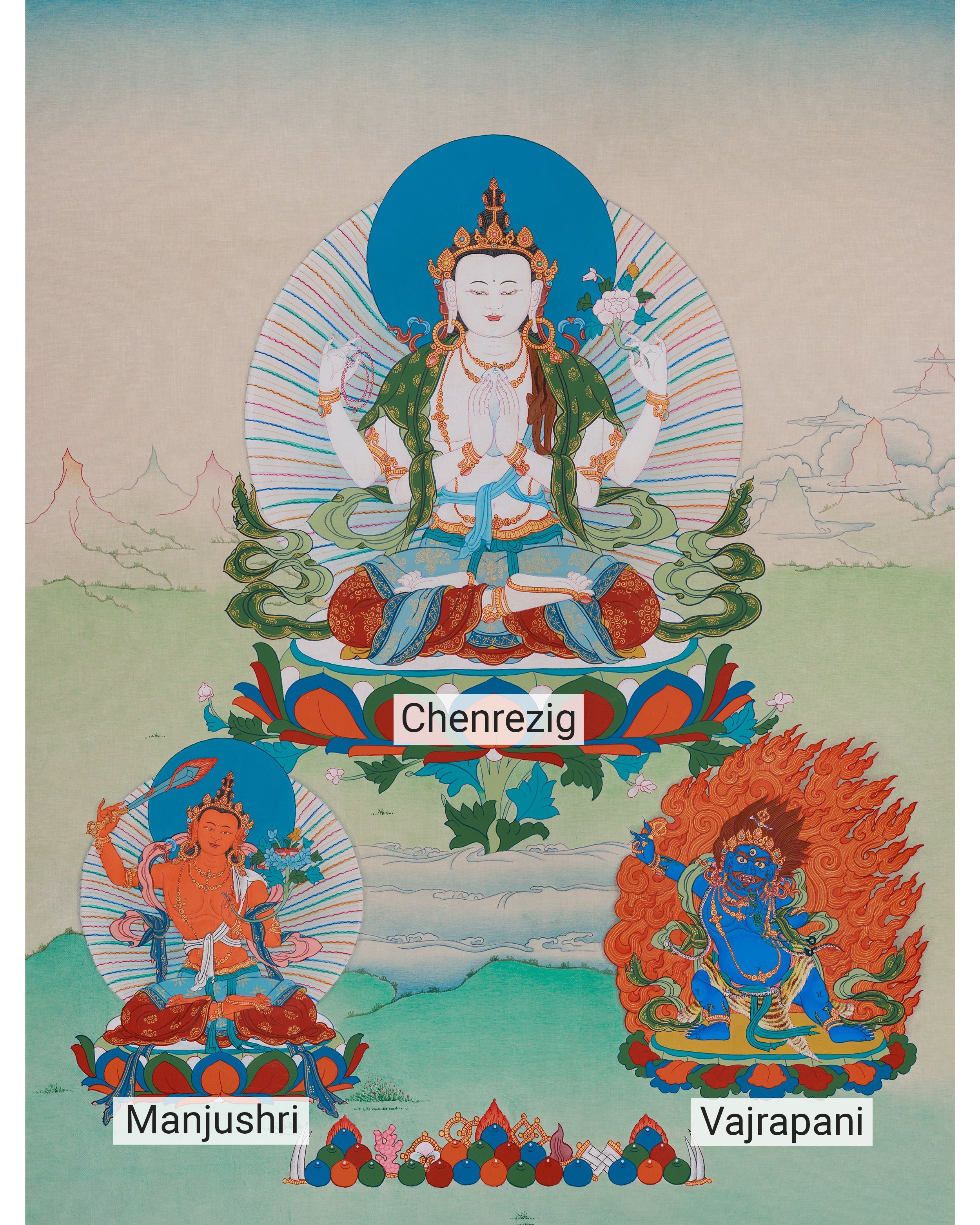 Chenrezig With Great Bodhisattvas Thangka | Wisdom Deity Manjushri | Vajrapani Art