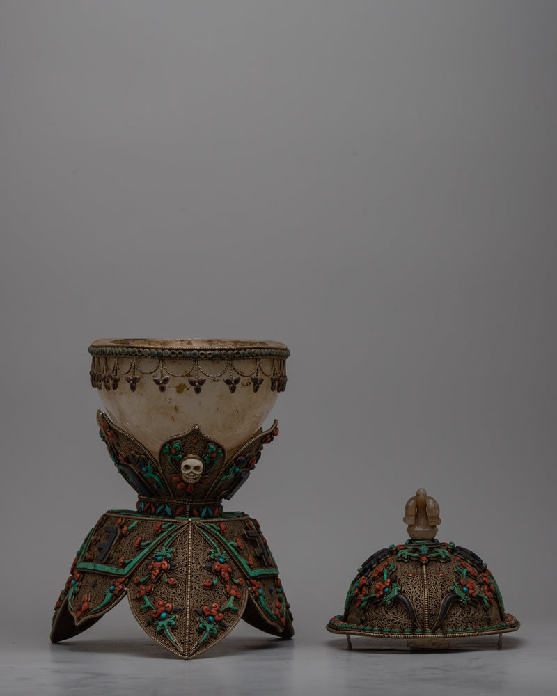 Tibetan Skull Cup | Handcrafted Ritual Kapala Featuring Traditional Tibetan Designs