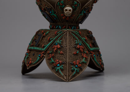 Tibetan Skull Cup | Handcrafted Ritual Kapala Featuring Traditional Tibetan Designs