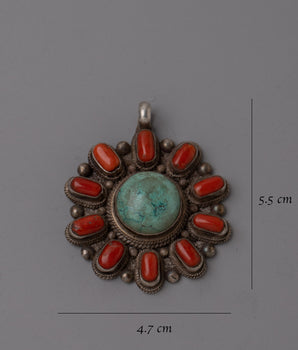 Turquoise and Coral Pendant |  Sterling Silver Handmade Necklace