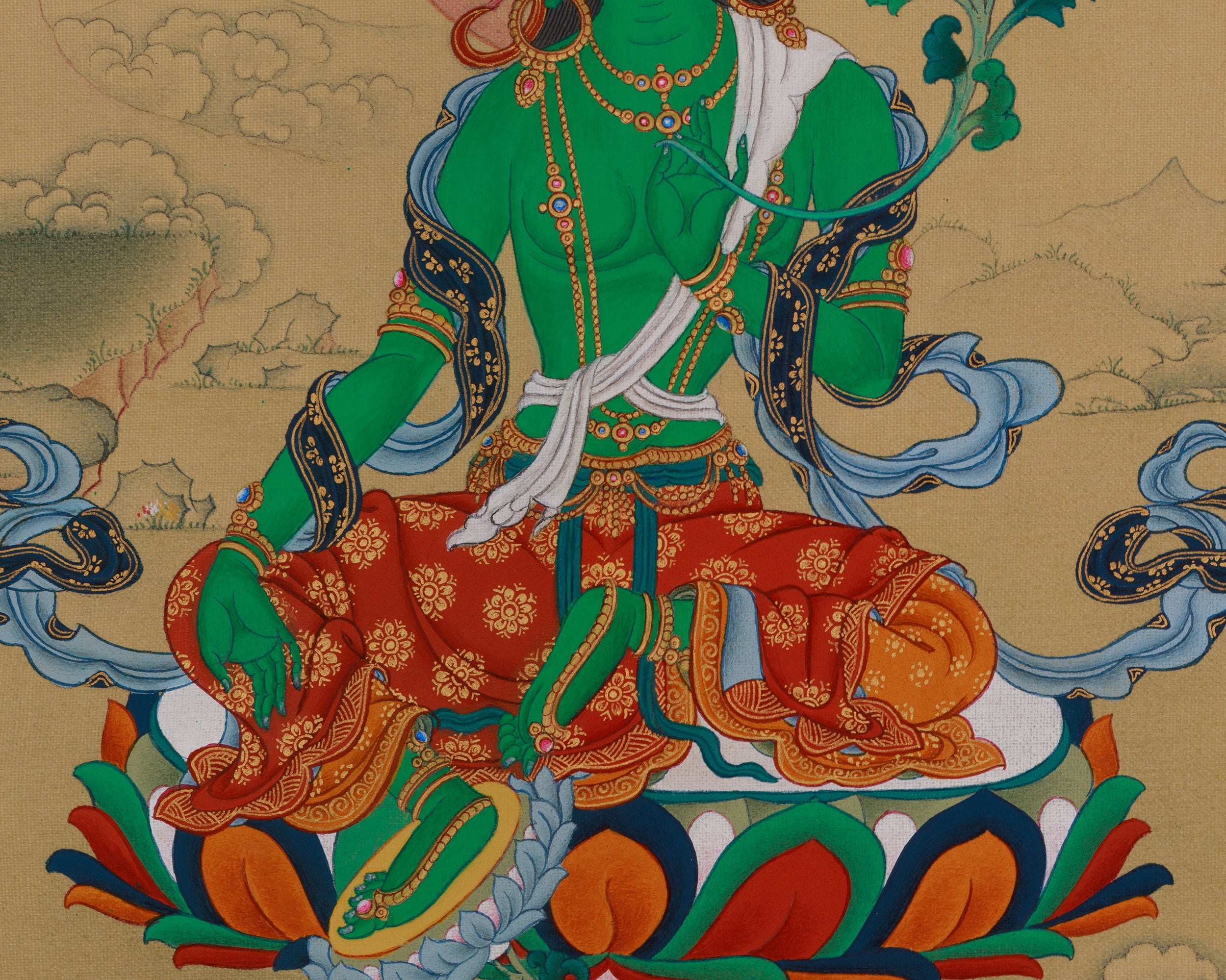 Green Tara With Amitabha Buddha Thangka | Symbolizing Swift Compassion and Protection