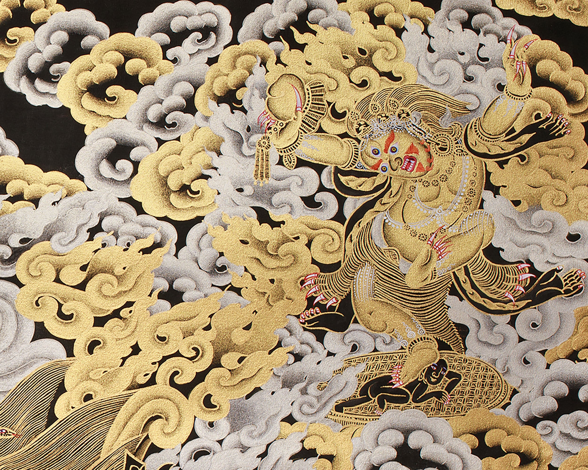 Majestic Gold & Silver Wrathful Six-Armed Mahakala Thangka | Protector of Dharma