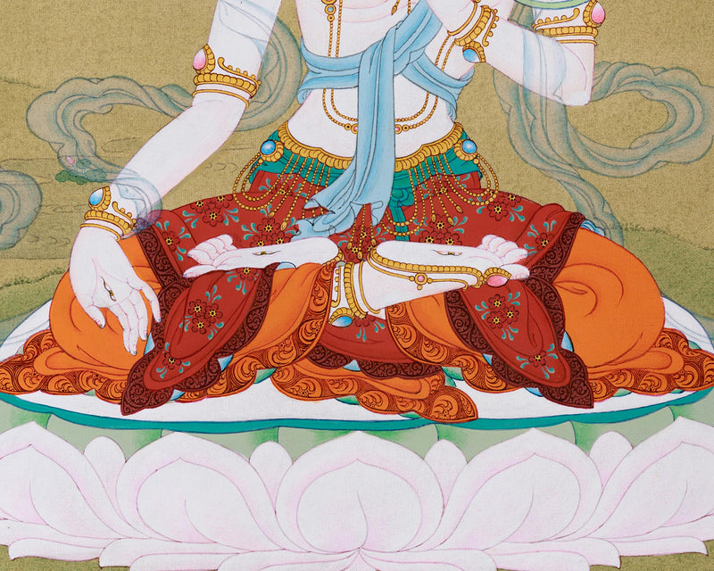 White Tara Thangka | Hand-Painted Karma Gadri Style | Spiritual Gift for Meditation