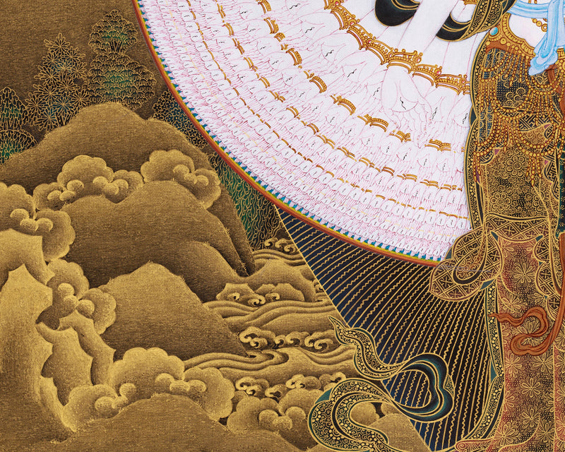 Namo Avalokiteshvara Thangka | Buddha of Compassion with Pure Gold Detailing