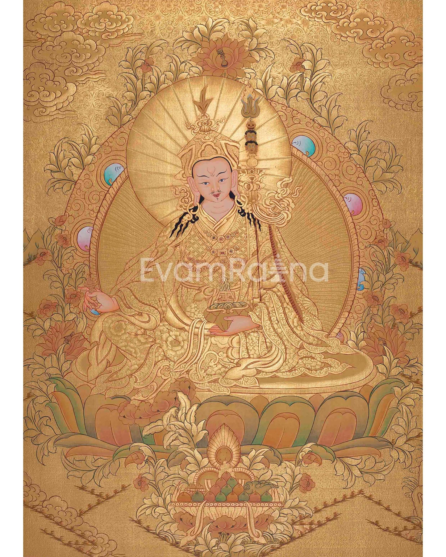 Guru Rinpoche In Full Gold Thangka Painting | Padmasambhava Thangka | Traditional Buddhist Handmade Thanka | Yoga Meditation Wall Hanging