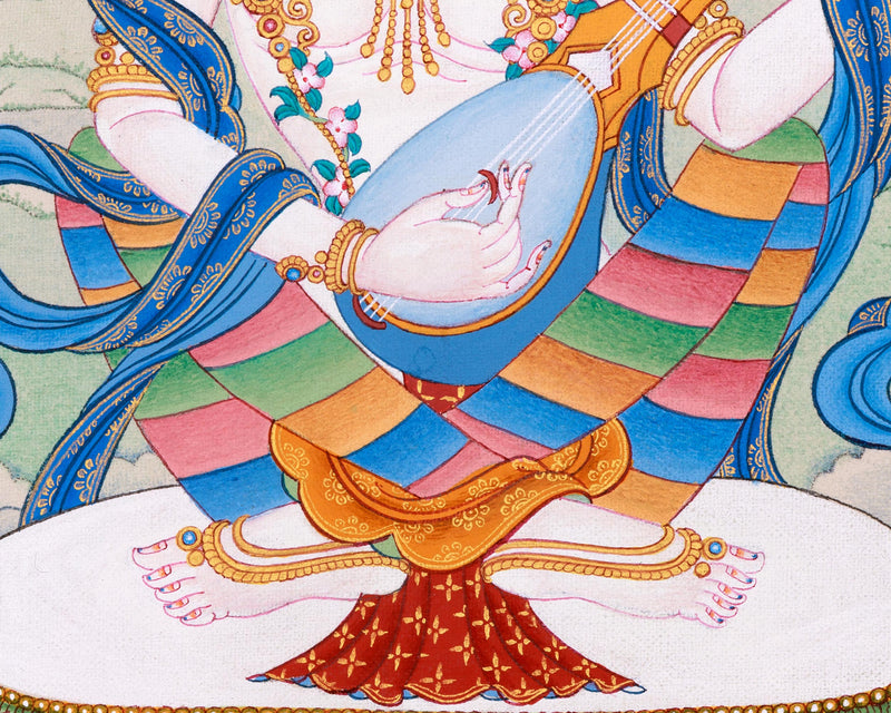 Saraswati Divine Grace Thangka | Hand-painted Goddess Art