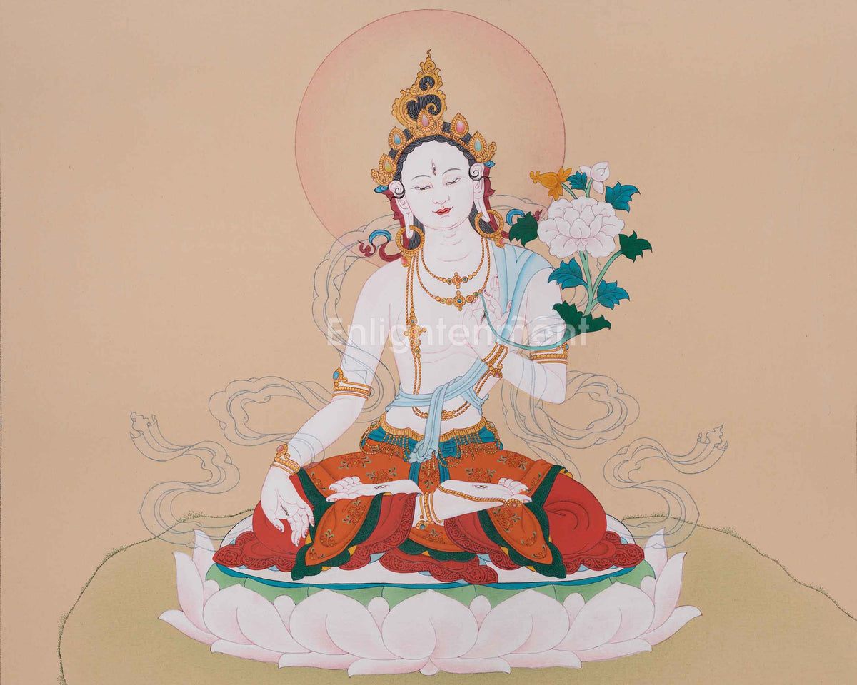 Handmade Longevity Goddess, White Tara Thangka | Female Bodhisattva of Healing