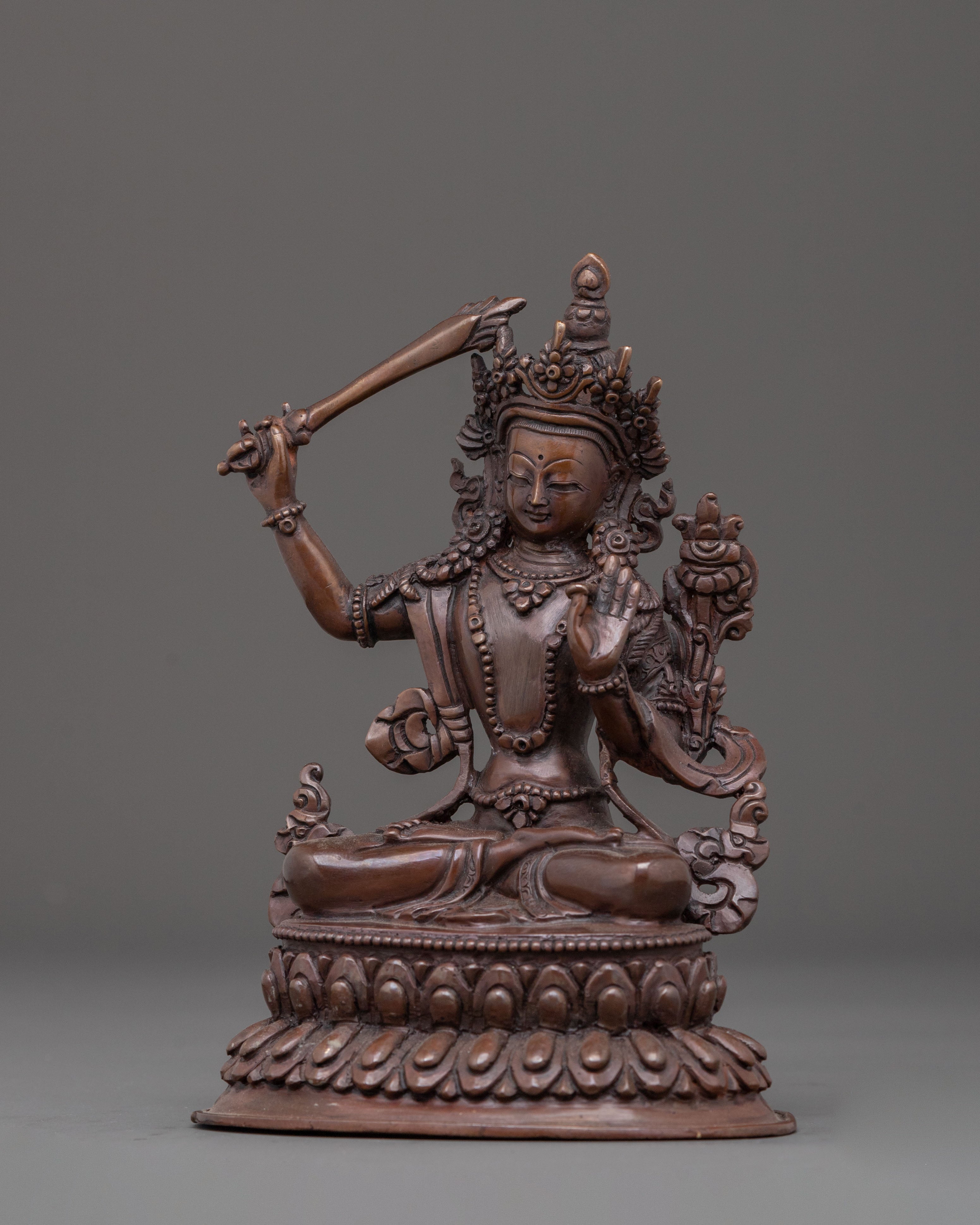 Handmade Manjushri Oxidized Copper Statue | Buddhist Wisdom Art