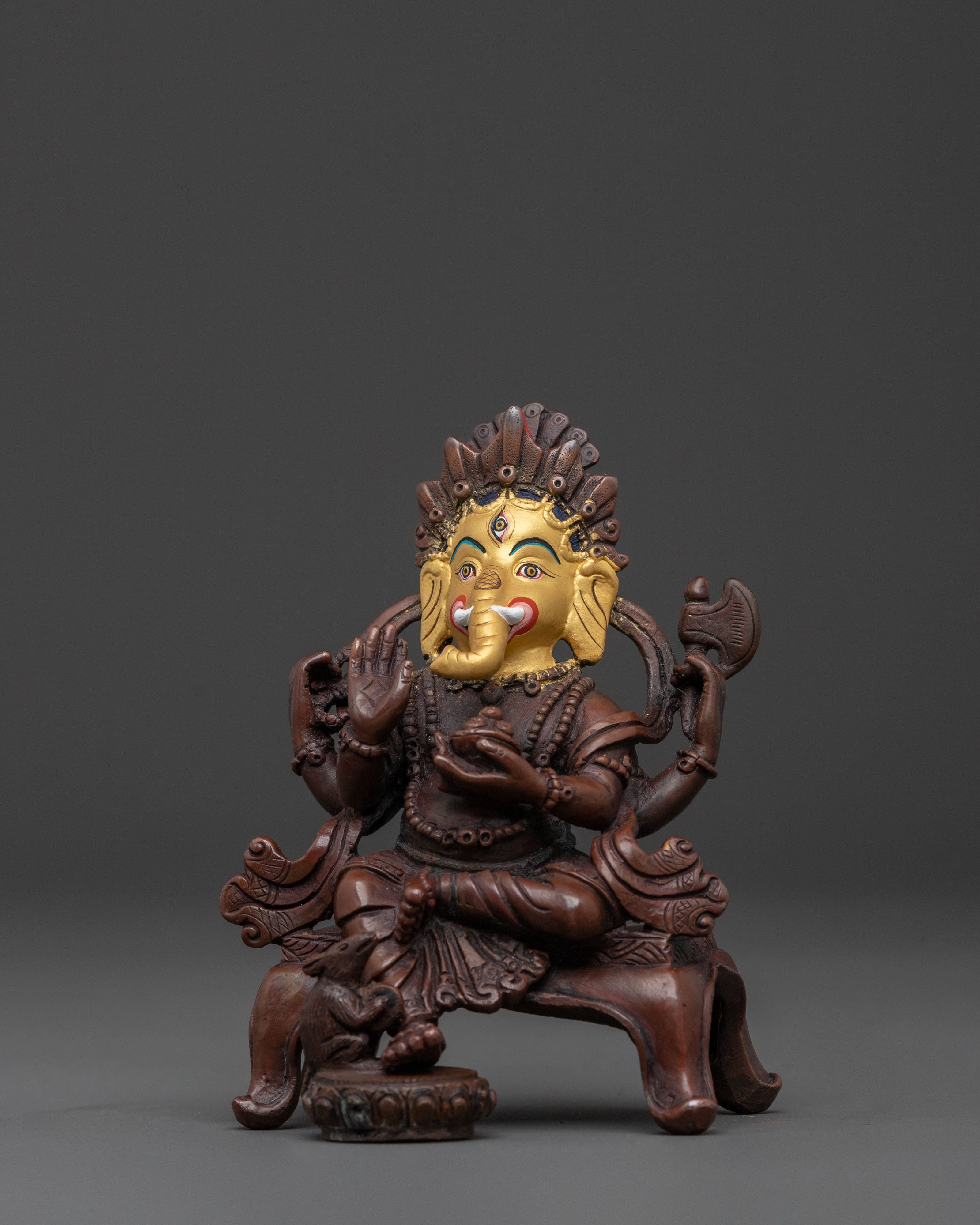 Spiritual Handmade Ganesh Sculpture | 24K Gold Gilded Ganesh | Oxidized Copper Altar Decor