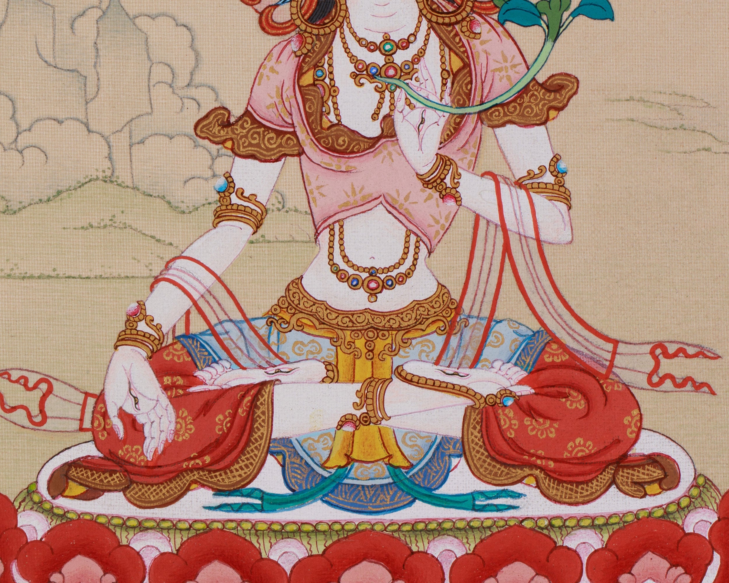 Hand Painted White Tara Art | Healing and Longevity Deity | Sita Tara With Brocade