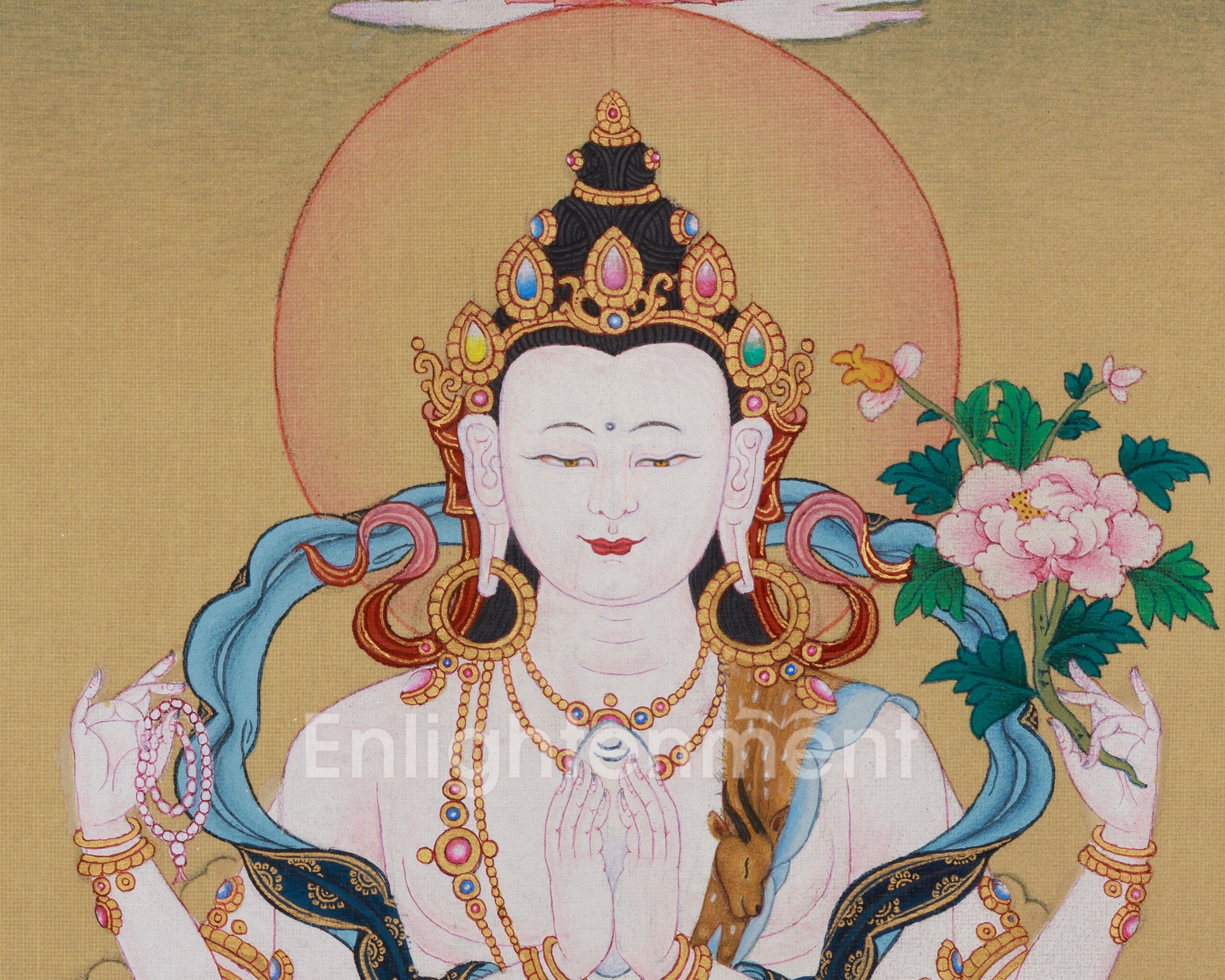 Tibetan Chenrezig with Amitabha Buddha Art | Avalokiteshvara Thangka