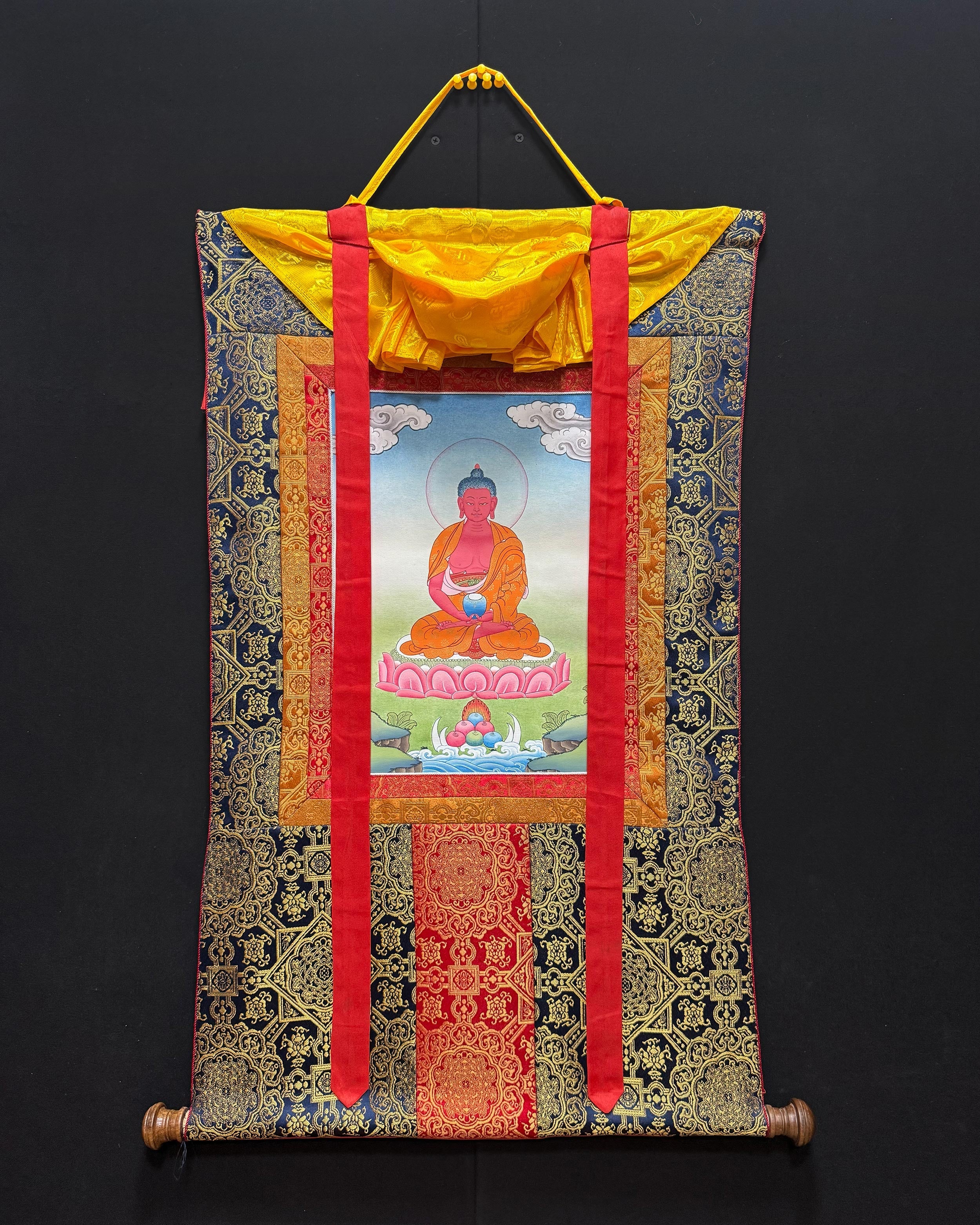 Tibetan Amitabha Buddha Thangka with Brocade | Buddha of Infinite Light