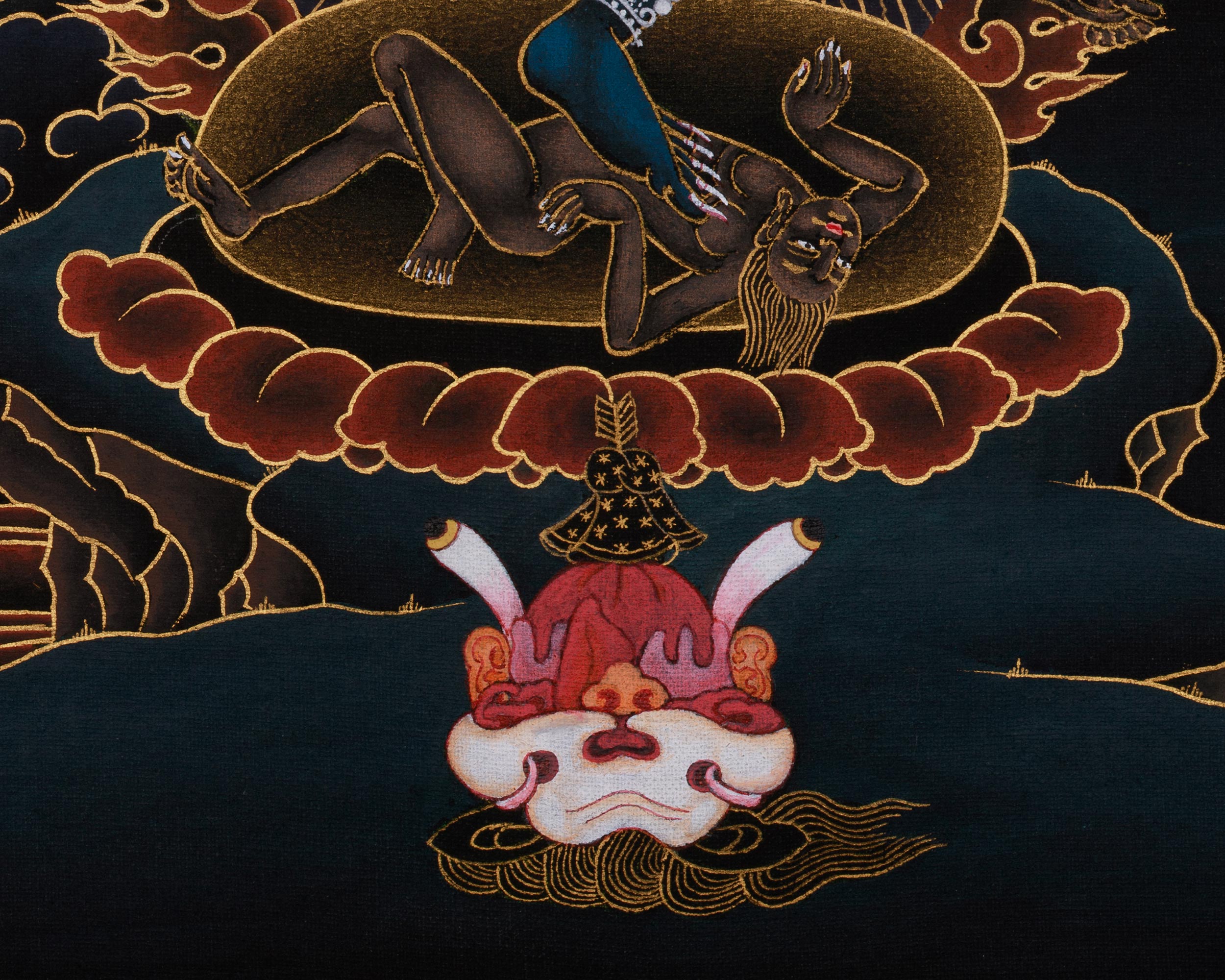 Black and Gold Wrathful Deity Simhamukha | Lion-Headed Dakini Thangka