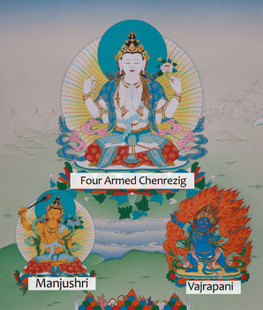 Avalokitesvara Thangka | Chenrezig with Manjushri & Vajrapani