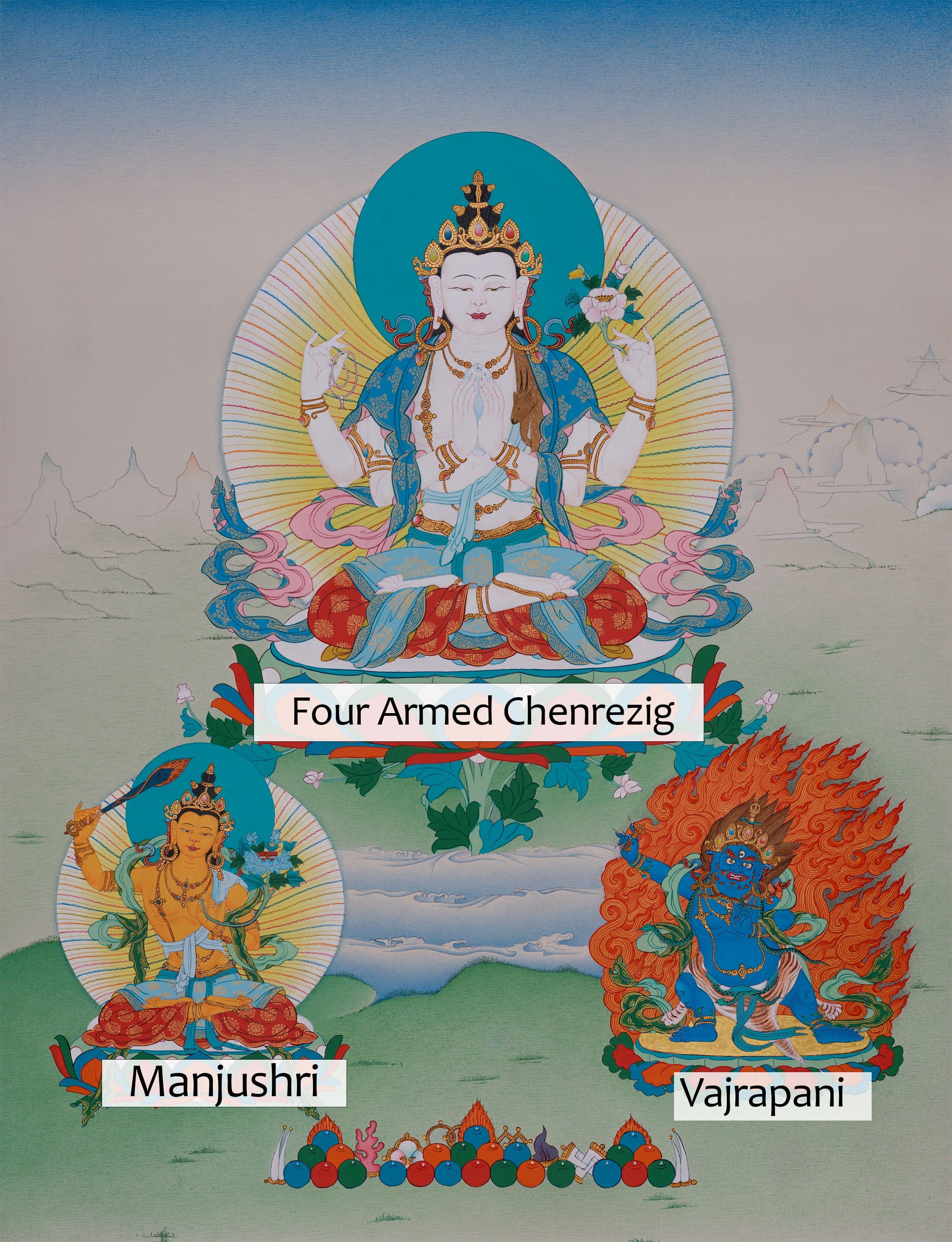 Avalokitesvara Thangka | Chenrezig with Manjushri & Vajrapani