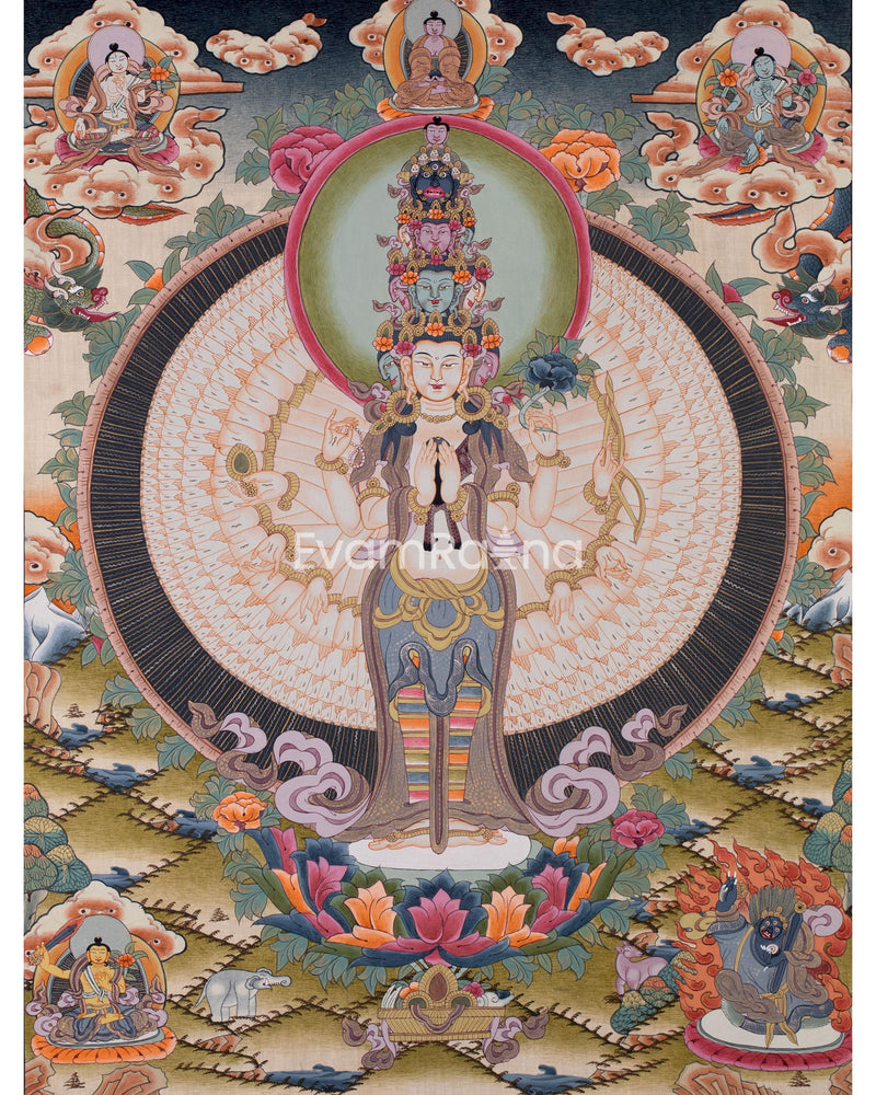 Chengrezig Thangka,Avalokitesvara Thangka-with 24 karat Gold