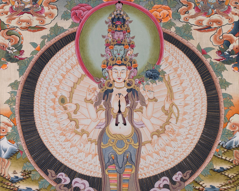 Chengrezig Thangka,Avalokitesvara Thangka-with 24 karat Gold