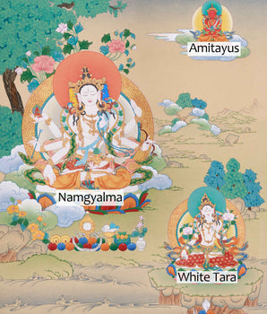 Namgyalma, White Tara, and Amitayus Buddha | A Sacred Trio of Healing, Compassion, and Longevity