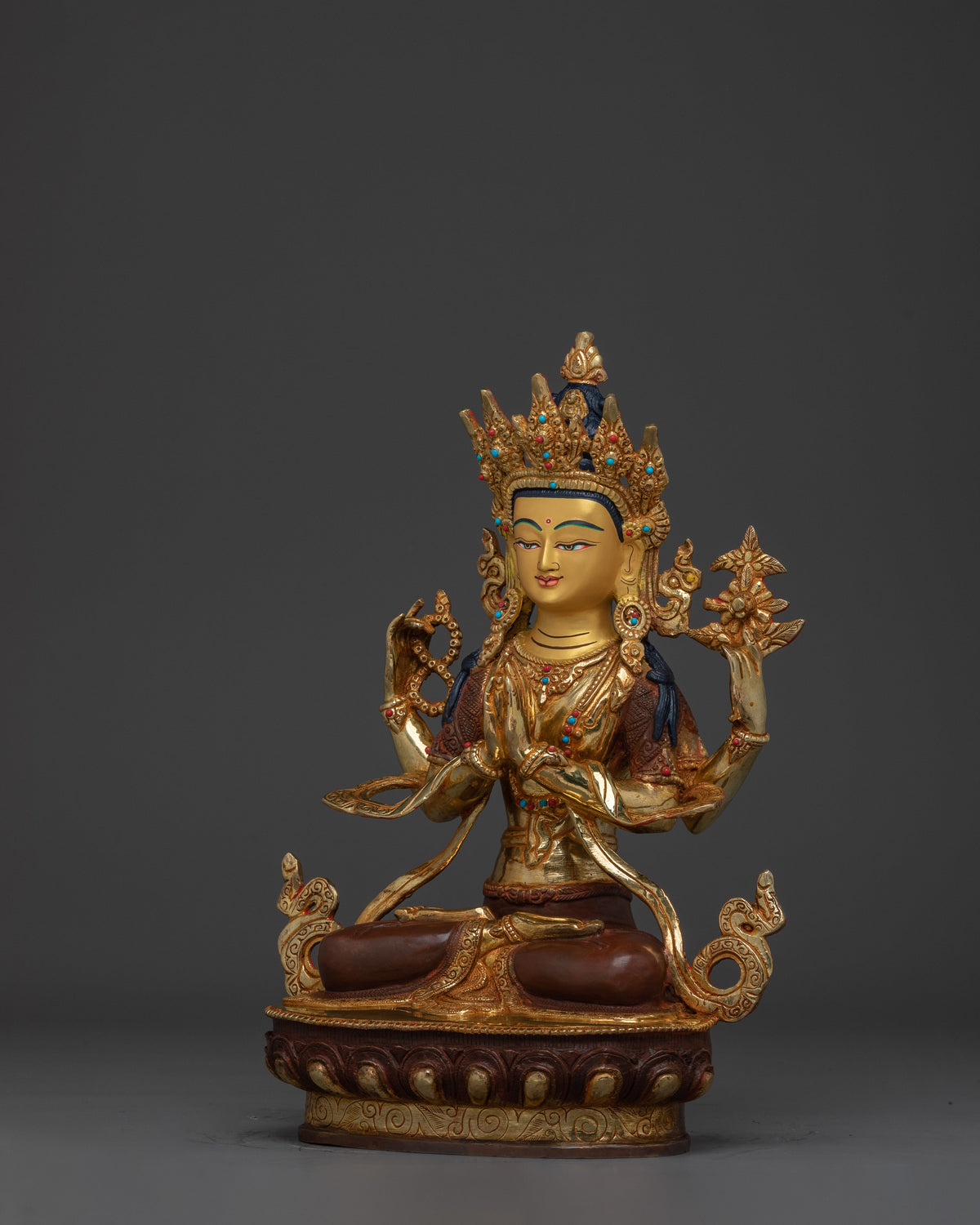 Handmade Avalokiteshvara Copper Statue | 24K Gold Gilded Chenrezig
