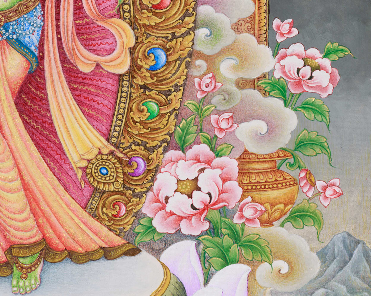 Paubha Masterpiece of Tibetan Goddess Standing Green Tara | Guardian of the Eight Fears