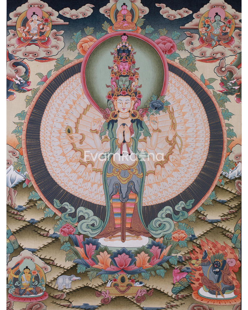 Chengrezig Thangka,Avalokitesvara Thangka-with 24 karat Gold