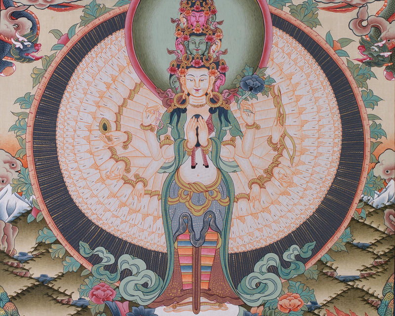 Chengrezig Thangka,Avalokitesvara Thangka-with 24 karat Gold