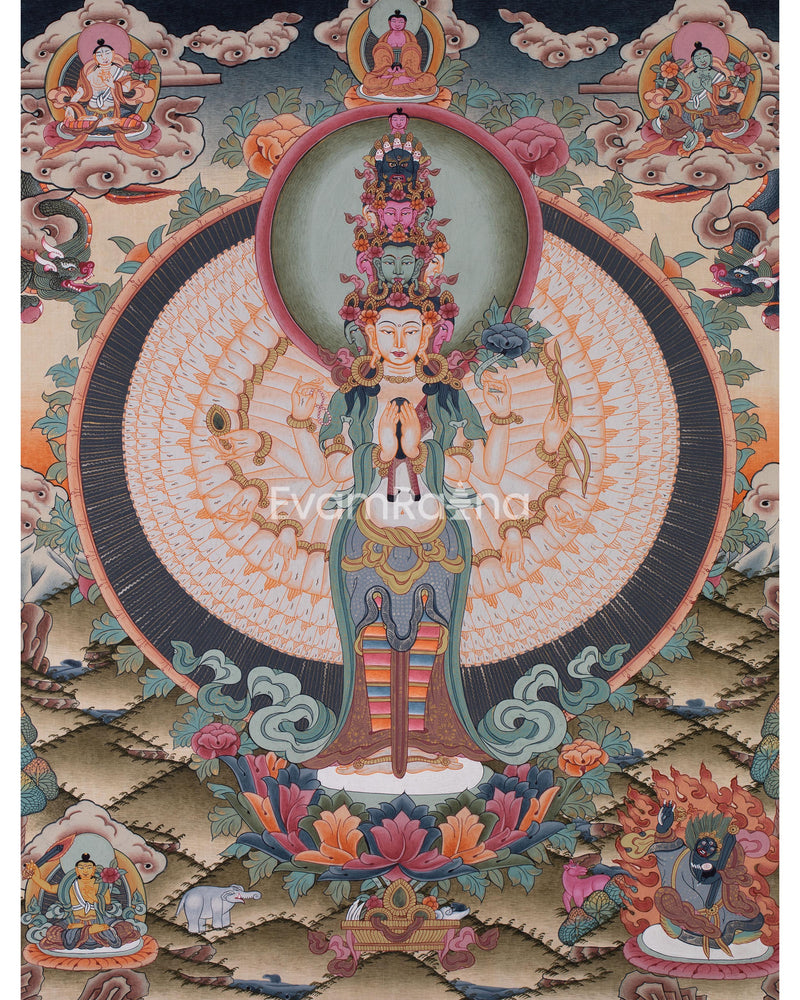 Chengrezig Thangka,Avalokitesvara Thangka-with 24 karat Gold