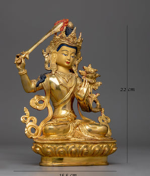 Manjushri Gold Gilded 22cm Statue | Embodiment of Wisdom and Insight