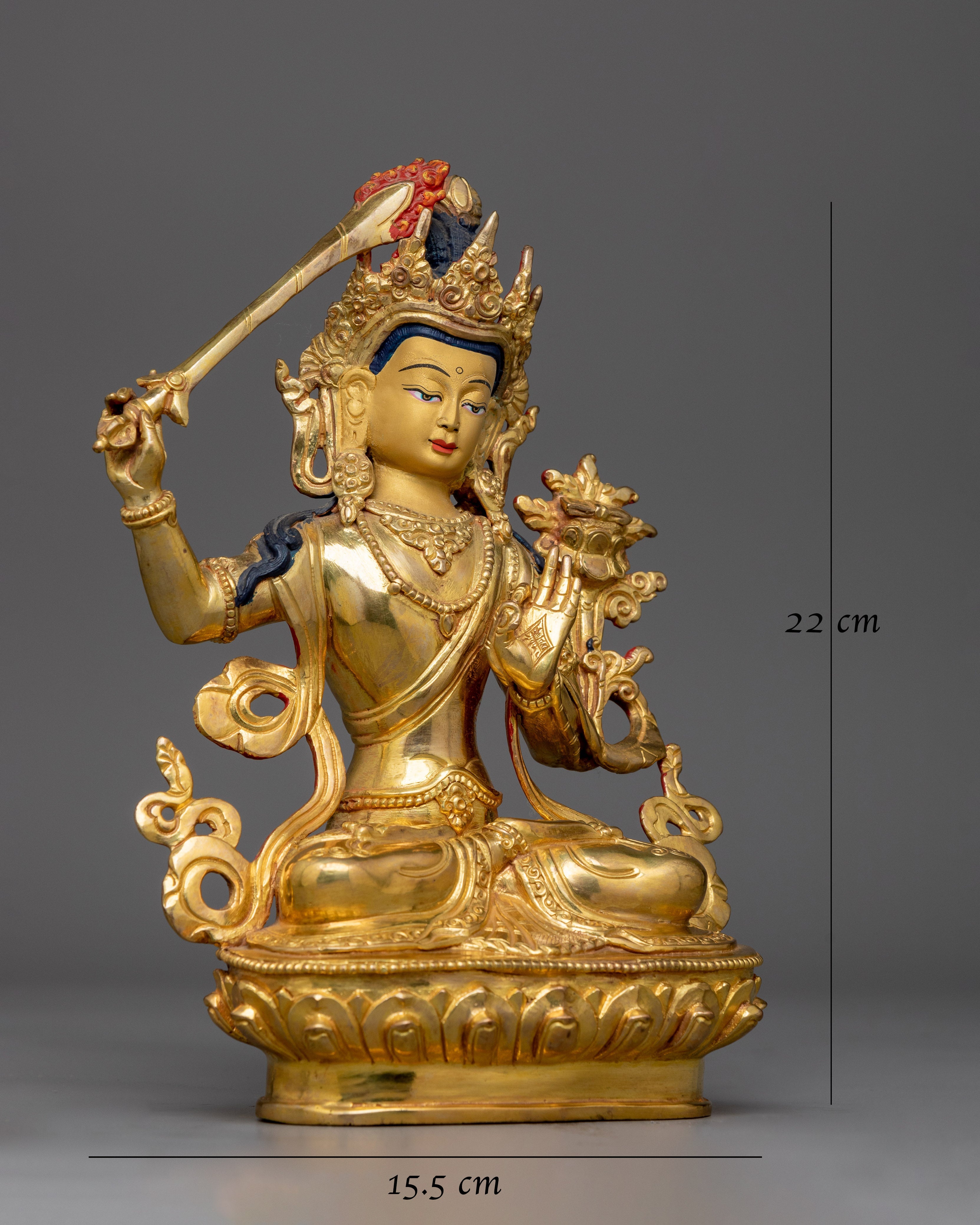 Manjushri Gold Gilded 22cm Statue | Embodiment of Wisdom and Insight