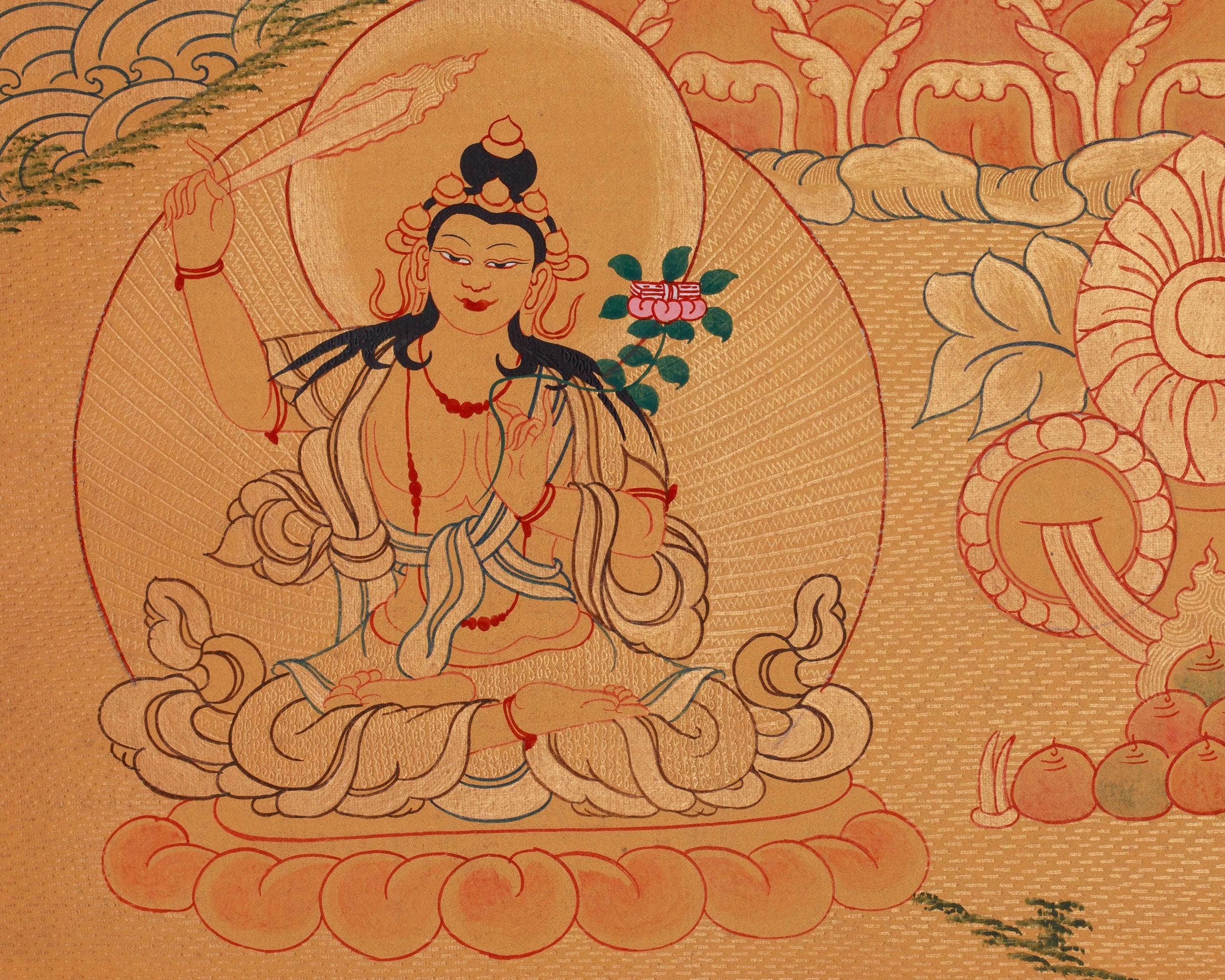 Four-Armed Chenrezig Compassion Thangka | Avalokiteshvara, Manjushri & Vajrpani Art | Meditation Altar