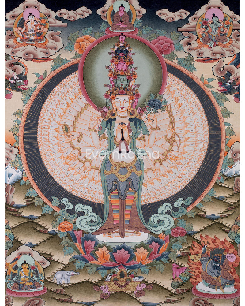 Chengrezig Thangka,Avalokitesvara Thangka-with 24 karat Gold