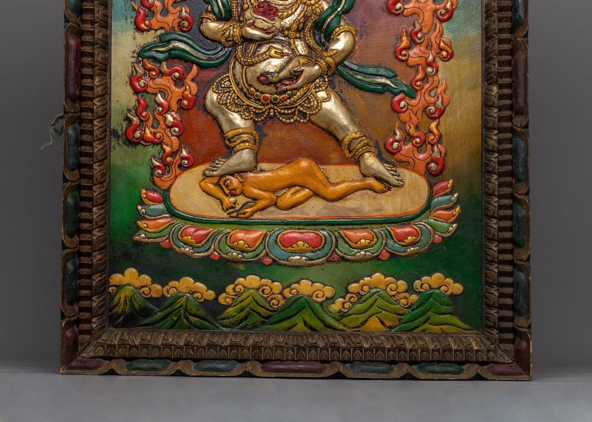 Black Dzambhala Wall Hanging | Wooden Frame Art for Spiritual Enlightenment and Rituals
