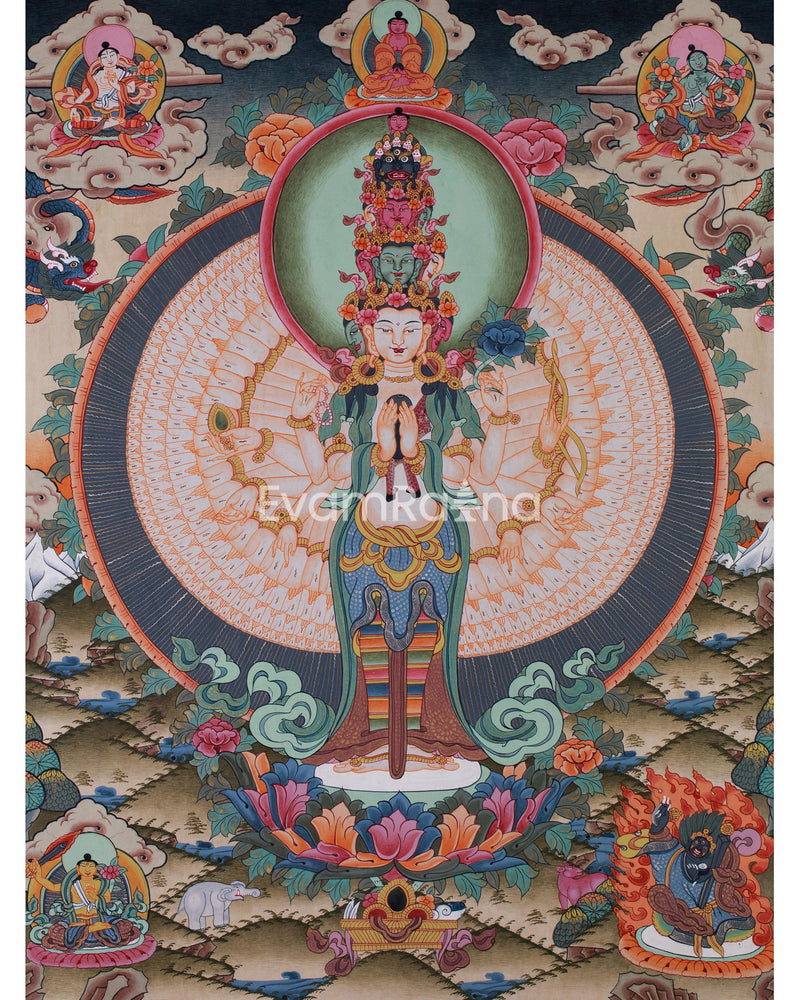 Chengrezig Thangka,Avalokitesvara Thangka-with 24 karat Gold