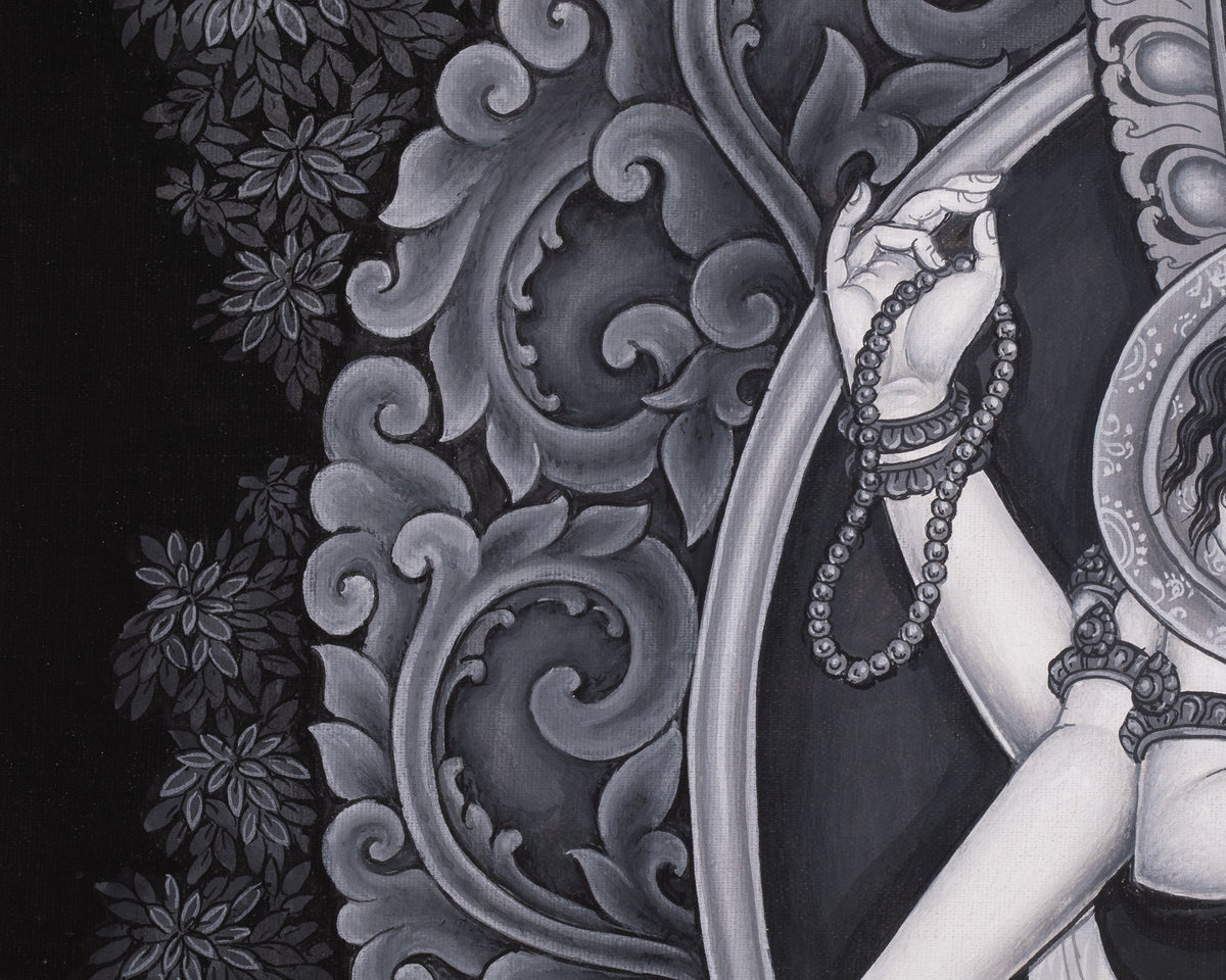 Black and White Bodhisattva Chenrezig Thangka | Avalokiteshvara Art | Compassion Deity