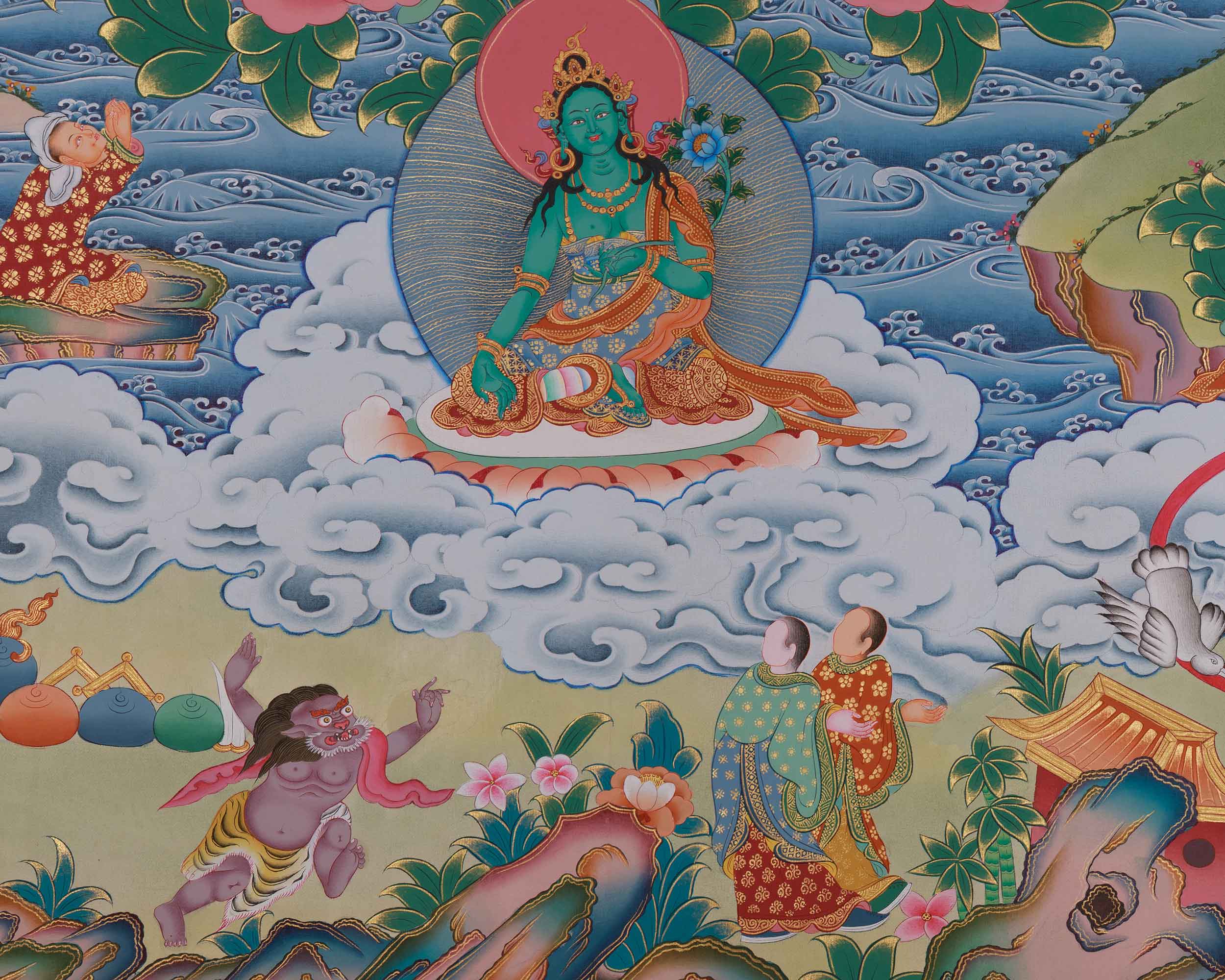 Shyama Tara Buddhist Thangka | Compassionate Goddess Green Tara