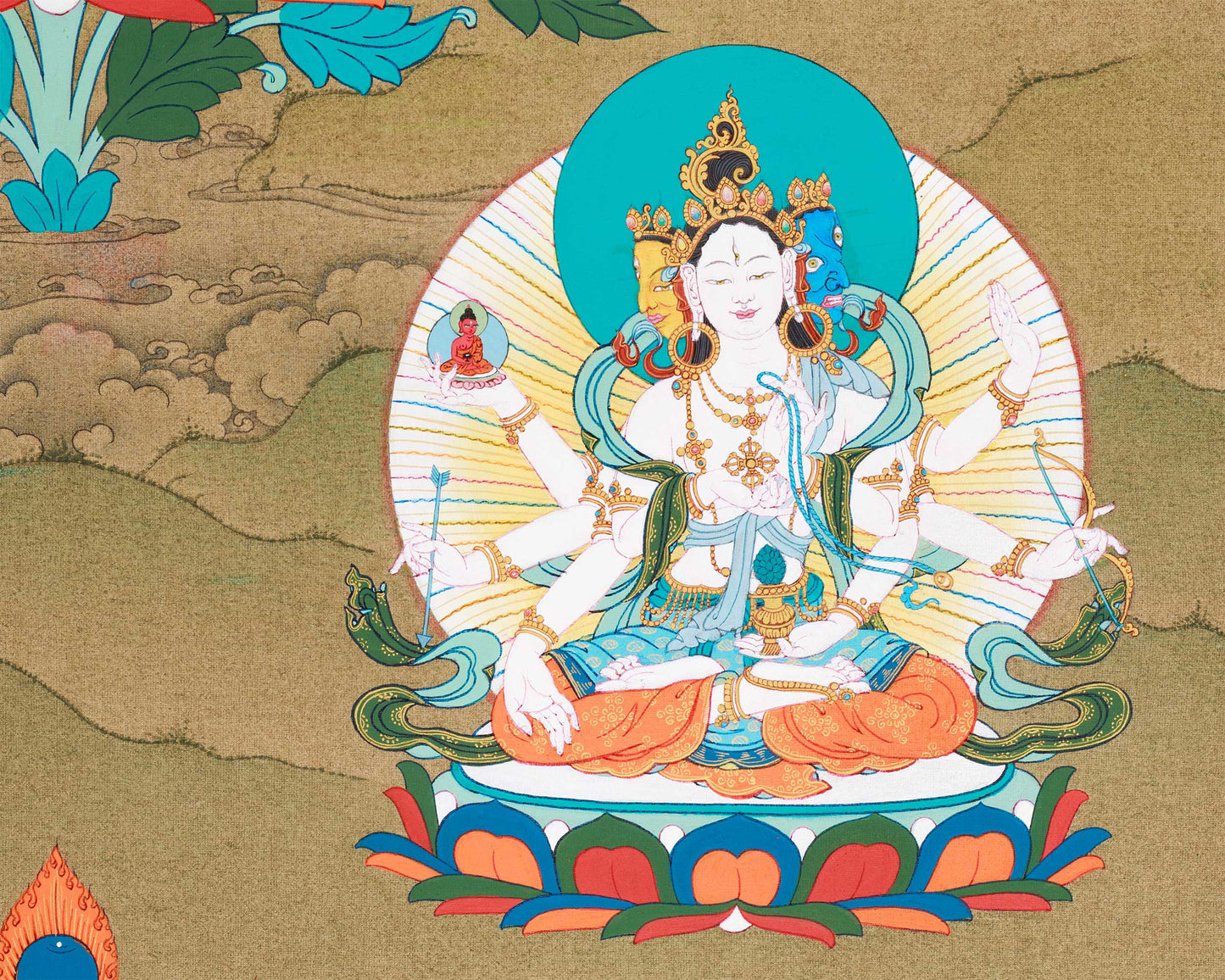 Long Life Buddha Amitayus, White Tara & Namgyalma Thangka | Healing & Protection Buddhist Art