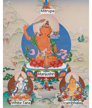 Sacred Manjushri, White Tara, and Dzambhala Thangka | Knowledge, Protection, and Prosperity