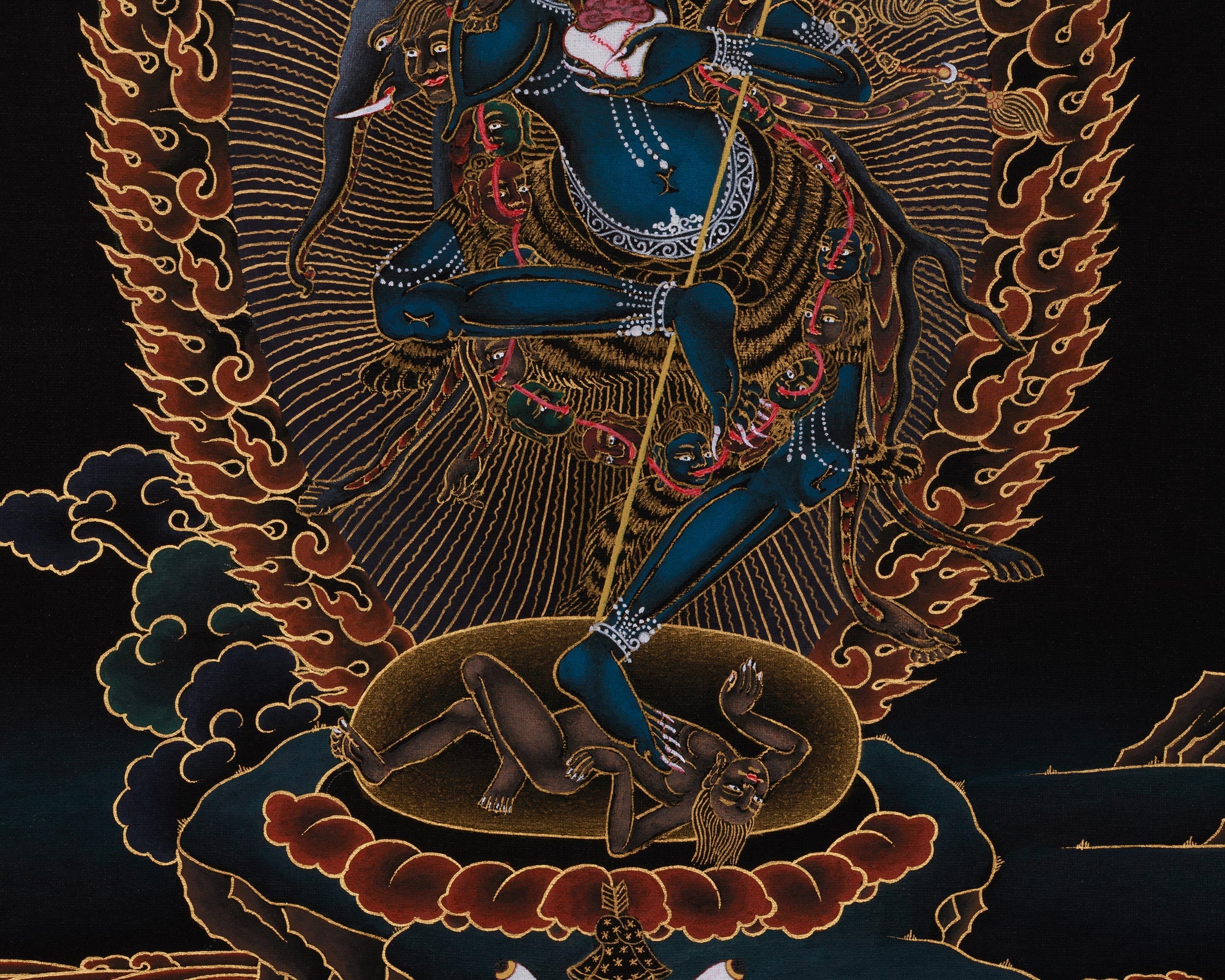 Black and Gold Wrathful Deity Simhamukha | Lion-Headed Dakini Thangka