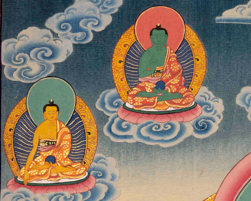 Handpainted Guru Rinpoche Surrounded By Dhyani Buddha Traditional Thangka |  Meditation And Yoga