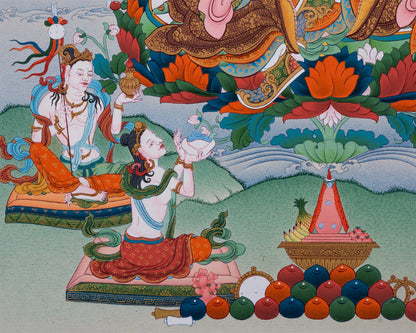 Guru Rinpoche Thangka with Mandarva and Yeshe Tsogyal | Amitabha Buddha