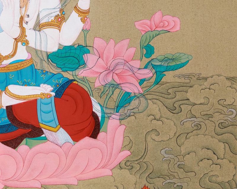 Avalokiteshvara Chenresig Thangka | Hand-painted Thangka on Cotton Canvas