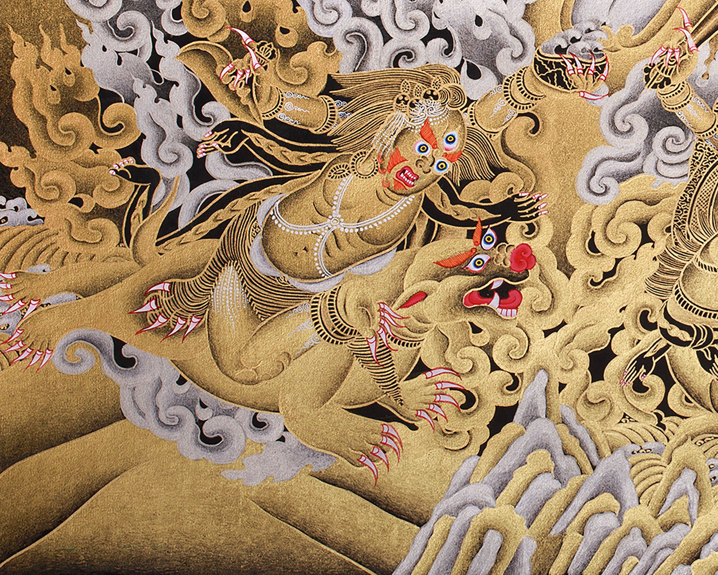 Majestic Gold & Silver Wrathful Six-Armed Mahakala Thangka | Protector of Dharma