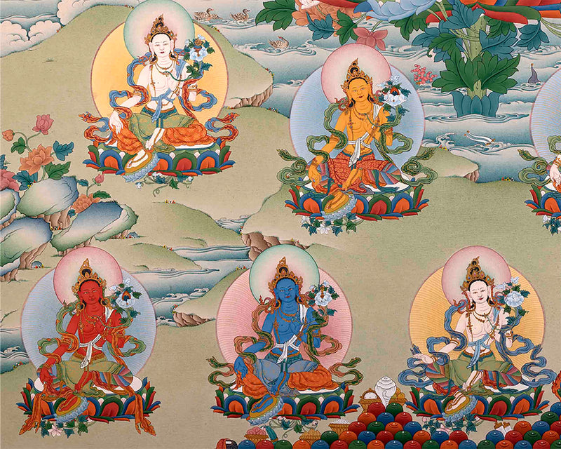 Traditionally Crafted Thangka Print For 21 Tara Praise | Tibetan Thangka Print For Mindfuless | Tibetan Buddhism Art