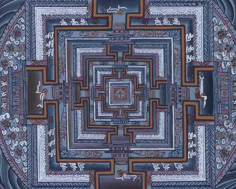 Grey Colored Kalachakra Mandala Thangka With Silver