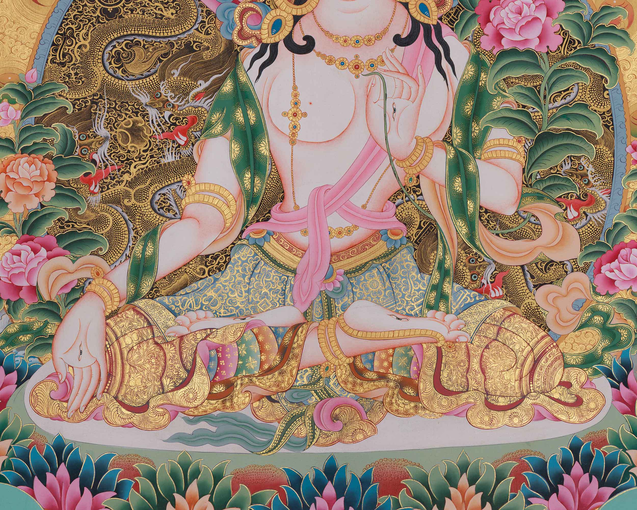 White Tara With Other Deities Thangka | Vajrayana Deity Shyama Tara