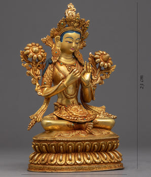 Green Tara Gold Sculpture | Tibetan Handmade Compassionate Deity of Buddhism
